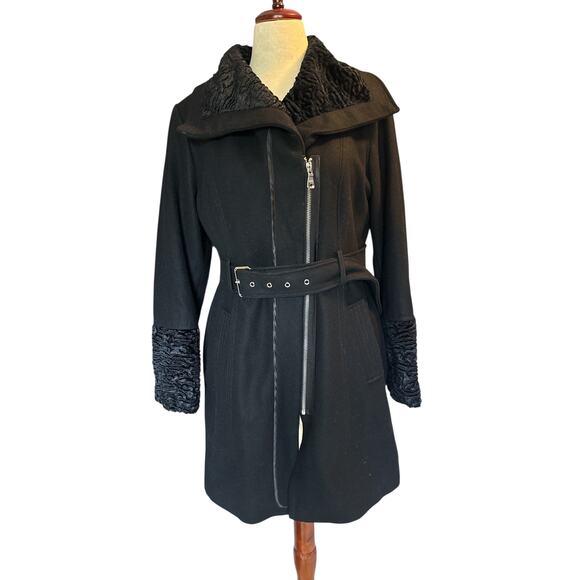Guess Wool Blend Belted Coat XL Black Faux Fur Collar & Cuffs Winter Jacket - Picture 14 of 14